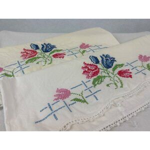 Vintage White Pillowcase Set Floral Embroidery Lace Trim Cutter Craft